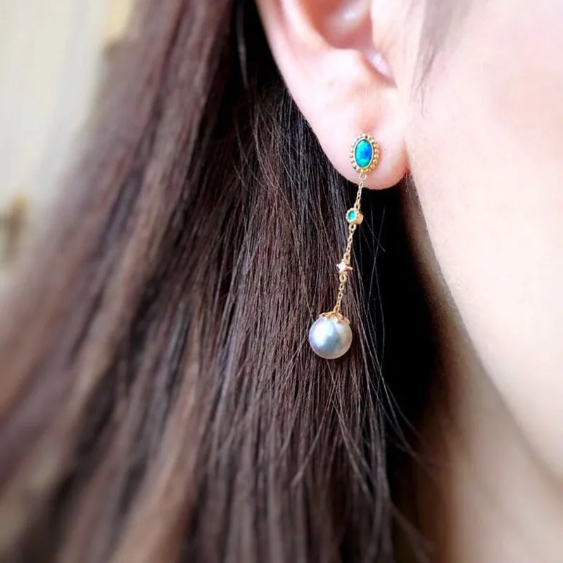 18K Gold 0.13ct Natural Opal Akoya Pearl Diamond Emerald Drop Earrings