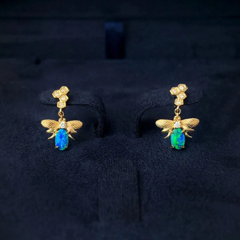 18K Gold 0.18ct Natural Opal Diamond Bee Shape Drop Earrings