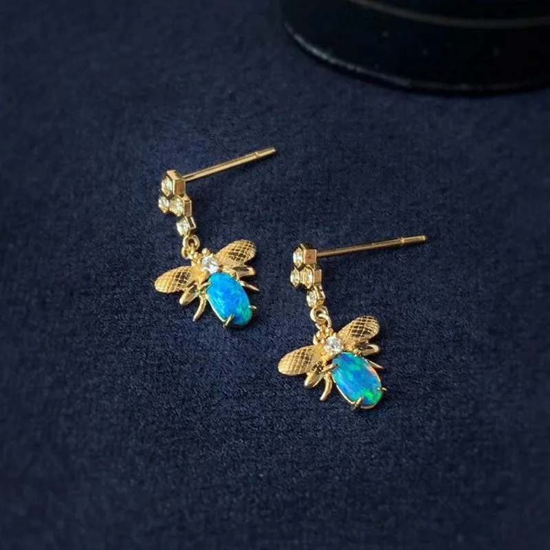 18K Gold 0.18ct Natural Opal Diamond Bee Shape Drop Earrings
