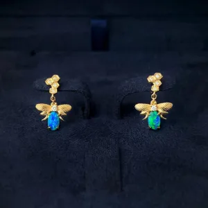 18K Gold 0.18ct Natural Opal Diamond Bee Shape Drop Earrings