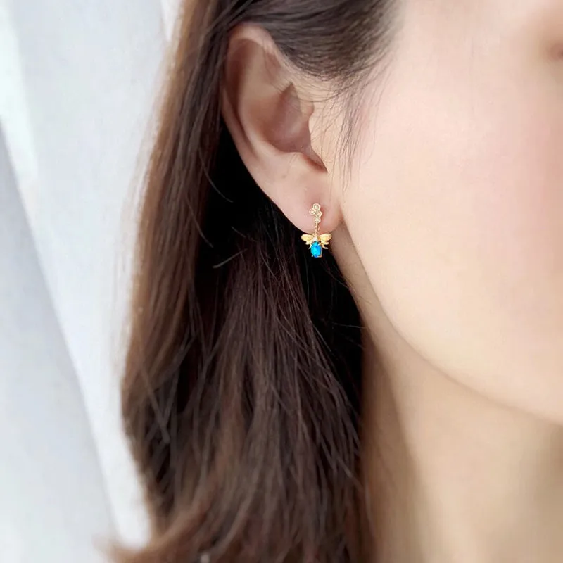 18K Gold 0.18ct Natural Opal Diamond Bee Shape Drop Earrings