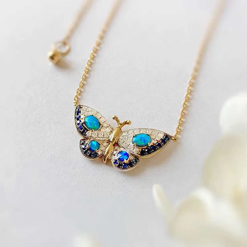 18K Gold 0.18ct Natural Opal Real 0.15ct Diamond Sapphire Butterfly Necklace 18"
