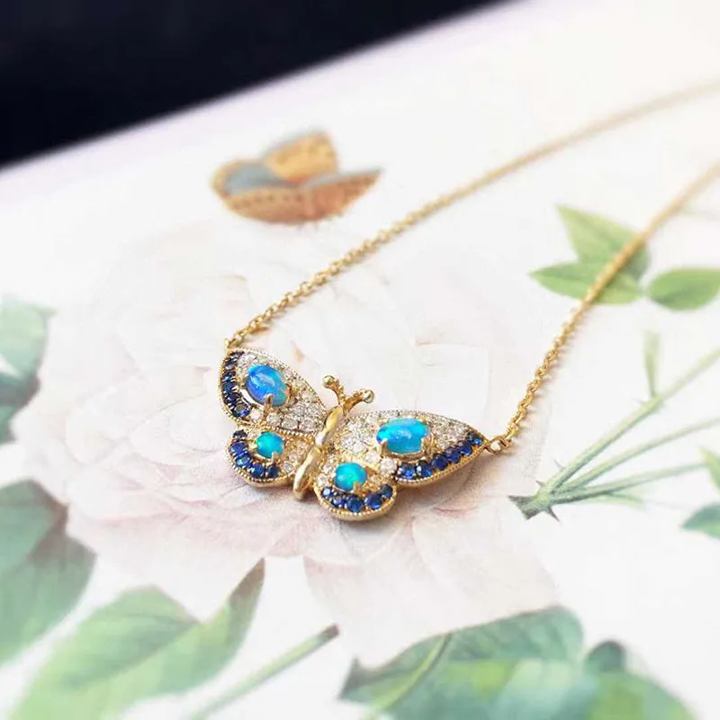 18K Gold 0.18ct Natural Opal Real 0.15ct Diamond Sapphire Butterfly Necklace 18"