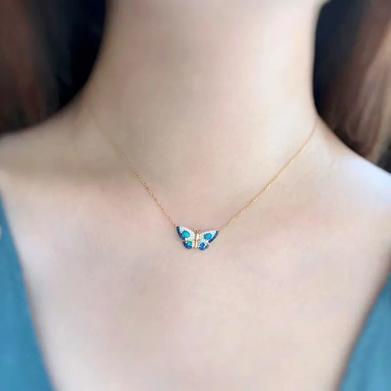 18K Gold 0.18ct Natural Opal Real 0.15ct Diamond Sapphire Butterfly Necklace 18"