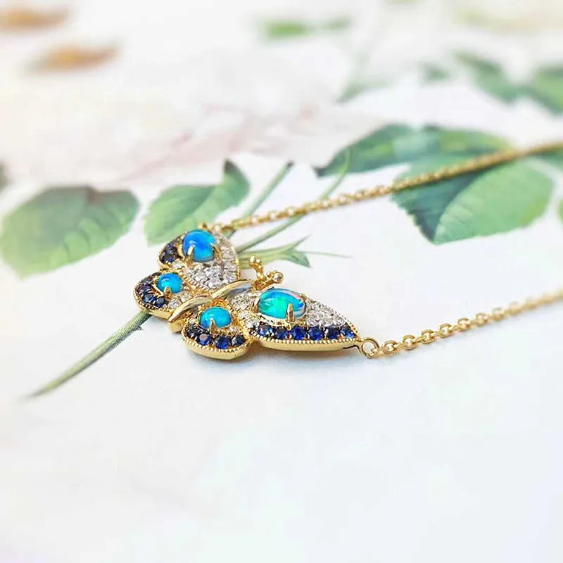 18K Gold 0.18ct Natural Opal Real 0.15ct Diamond Sapphire Butterfly Necklace 18"