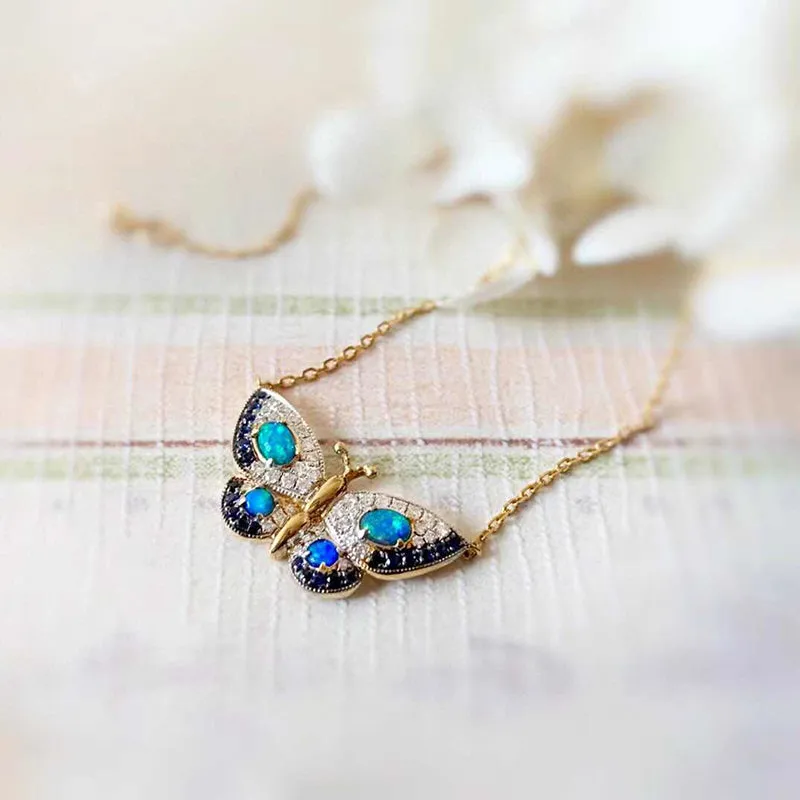 18K Gold 0.18ct Natural Opal Real 0.15ct Diamond Sapphire Butterfly Necklace 18"