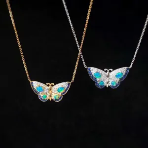 18K Gold 0.18ct Natural Opal Real 0.15ct Diamond Sapphire Butterfly Necklace 18"