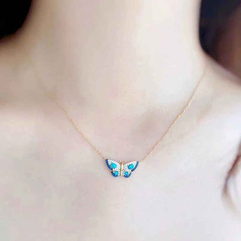18K Gold 0.18ct Natural Opal Real 0.15ct Diamond Sapphire Butterfly Necklace 18"