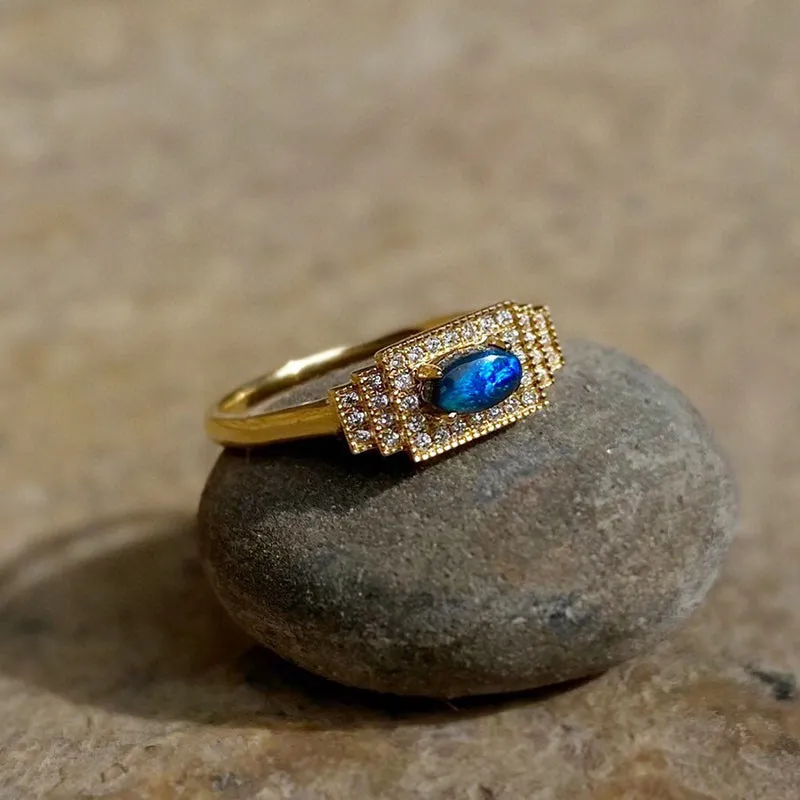 18K Gold 0.20ct Natural Opal Real Diamond Rectangle Ring