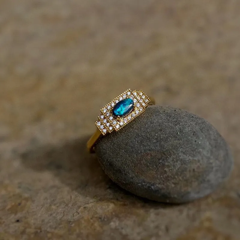 18K Gold 0.20ct Natural Opal Real Diamond Rectangle Ring