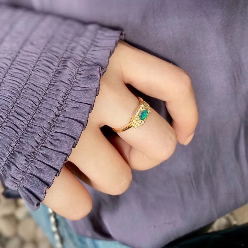 18K Gold 0.20ct Natural Opal Real Diamond Rectangle Ring