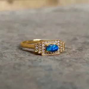 18K Gold 0.20ct Natural Opal Real Diamond Rectangle Ring