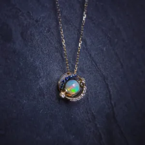 18K Gold 0.35ct Natural Opal Real Sapphire Diamond Pendant Necklace 18"