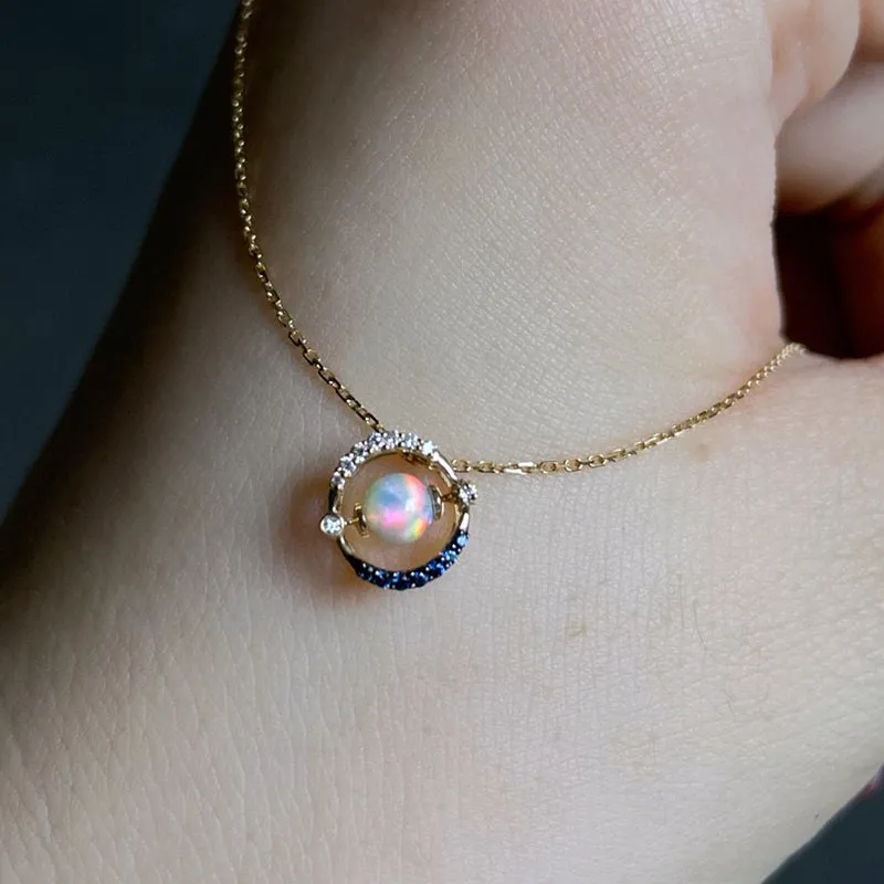 18K Gold 0.35ct Natural Opal Real Sapphire Diamond Pendant Necklace 18"
