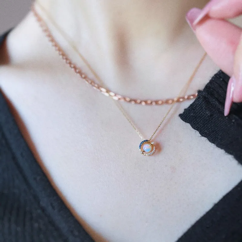 18K Gold 0.35ct Natural Opal Real Sapphire Diamond Pendant Necklace 18"