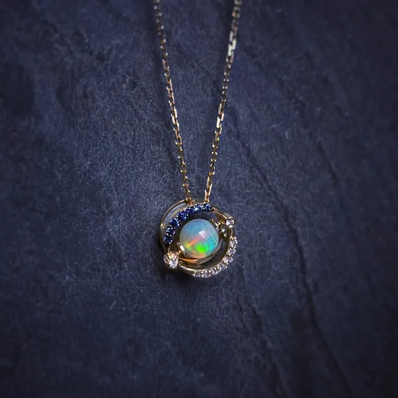 18K Gold 0.35ct Natural Opal Real Sapphire Diamond Pendant Necklace 18"