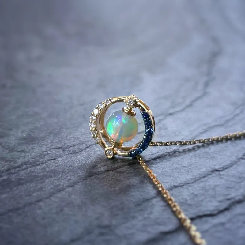 18K Gold 0.35ct Natural Opal Real Sapphire Diamond Pendant Necklace 18"