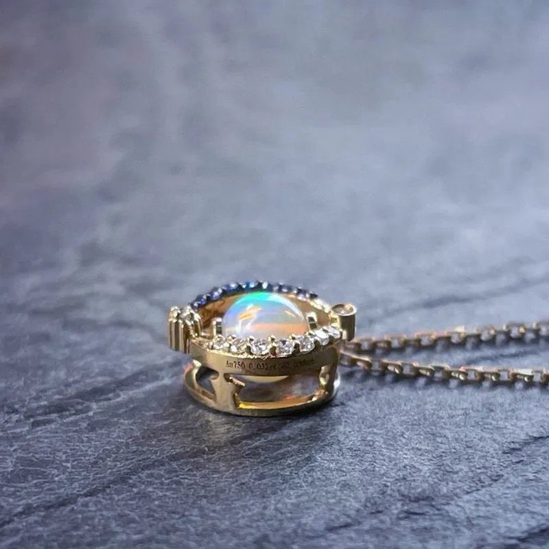 18K Gold 0.35ct Natural Opal Real Sapphire Diamond Pendant Necklace 18"