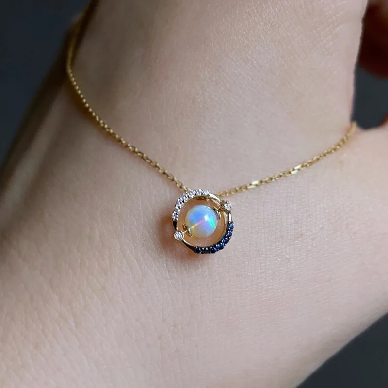 18K Gold 0.35ct Natural Opal Real Sapphire Diamond Pendant Necklace 18"