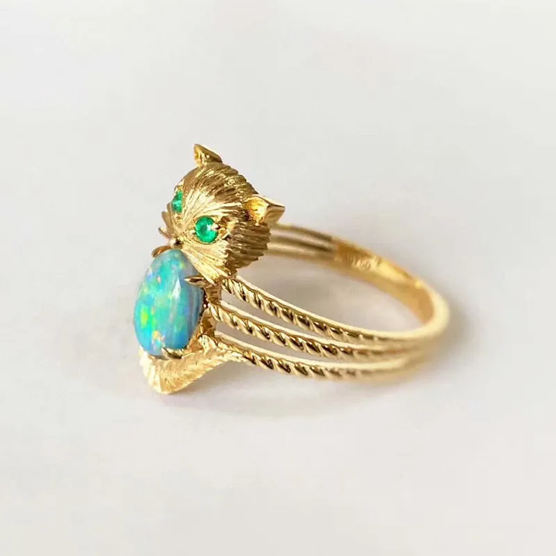 18K Gold 0.50ct Natural Opal & Emerald Owl Luxury Ring