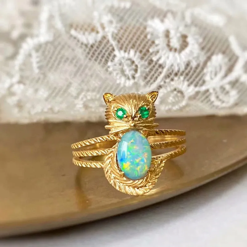 18K Gold 0.50ct Natural Opal & Emerald Owl Luxury Ring
