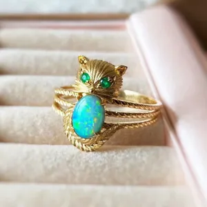 18K Gold 0.50ct Natural Opal & Emerald Owl Luxury Ring