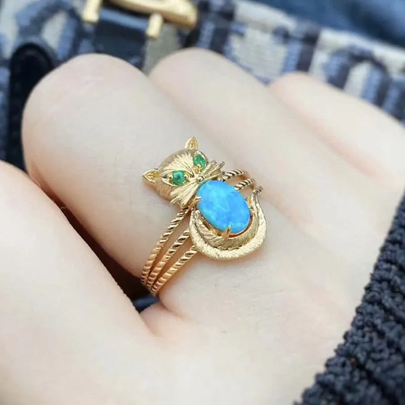 18K Gold 0.50ct Natural Opal & Emerald Owl Luxury Ring