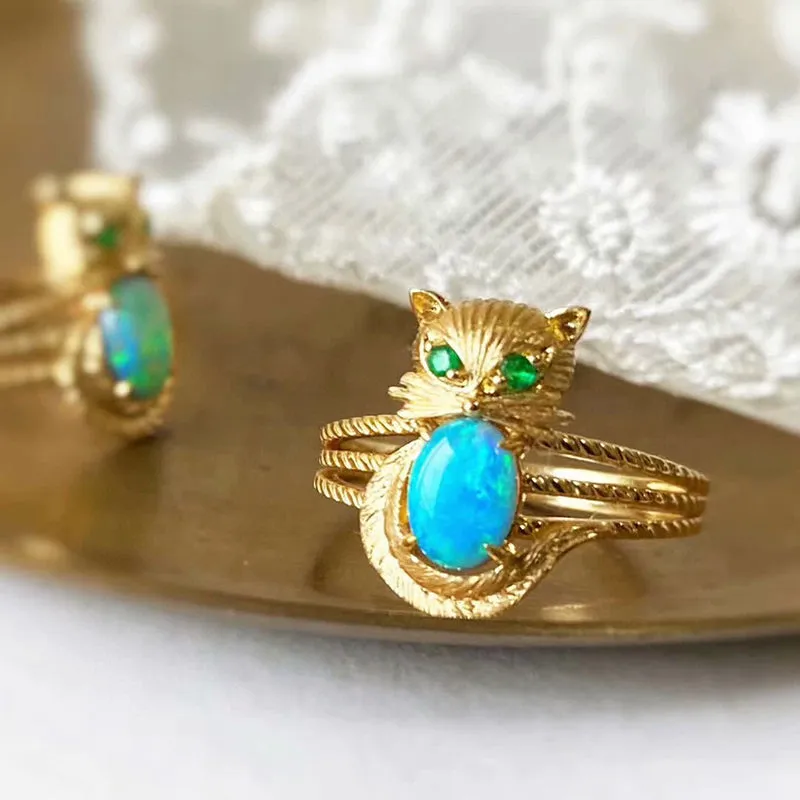 18K Gold 0.50ct Natural Opal & Emerald Owl Luxury Ring