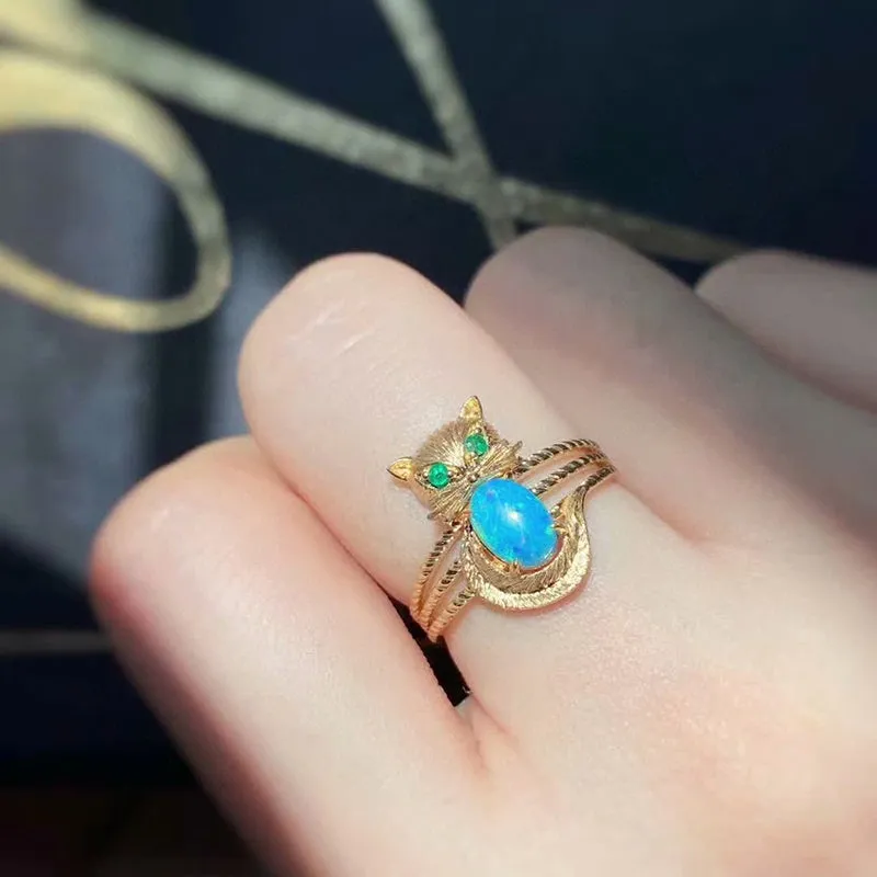 18K Gold 0.50ct Natural Opal & Emerald Owl Luxury Ring
