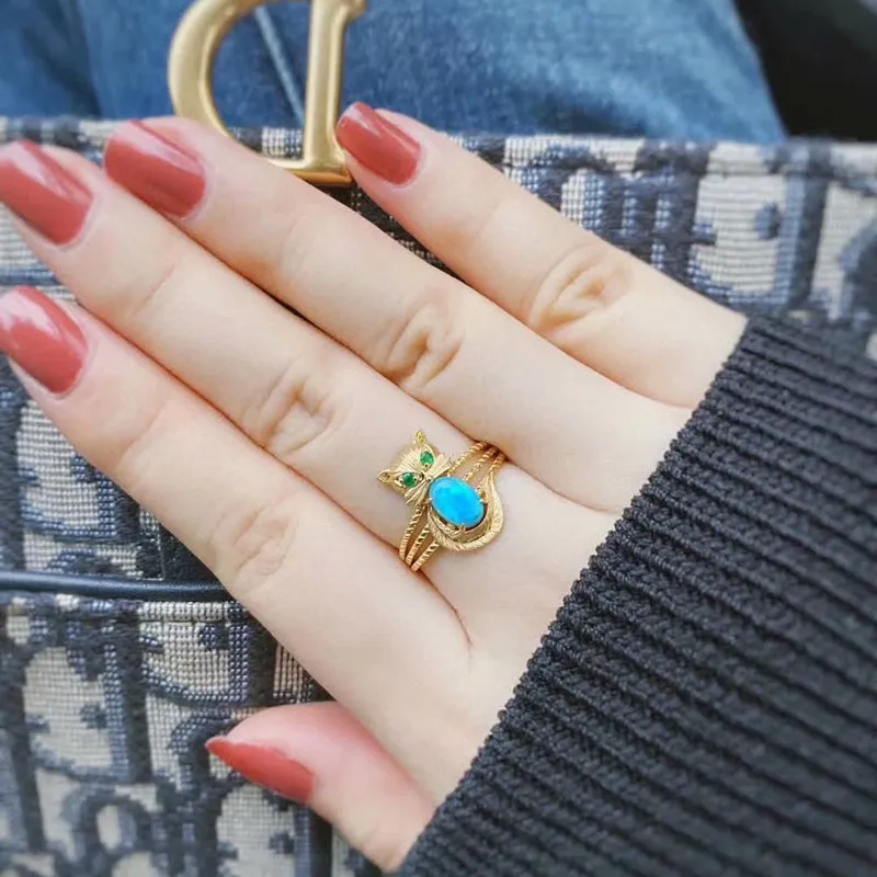 18K Gold 0.50ct Natural Opal & Emerald Owl Luxury Ring