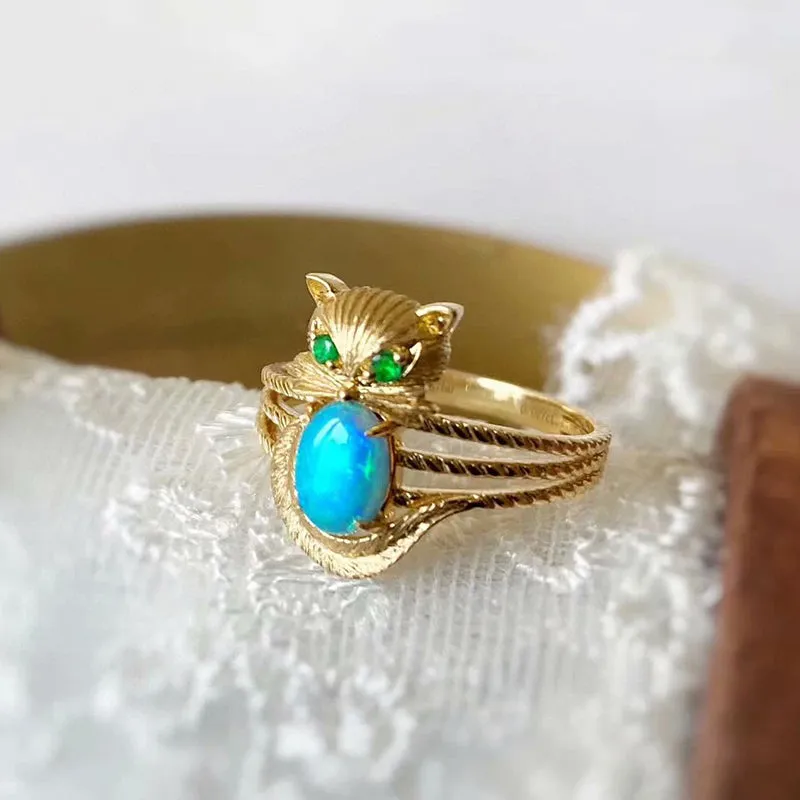 18K Gold 0.50ct Natural Opal & Emerald Owl Luxury Ring
