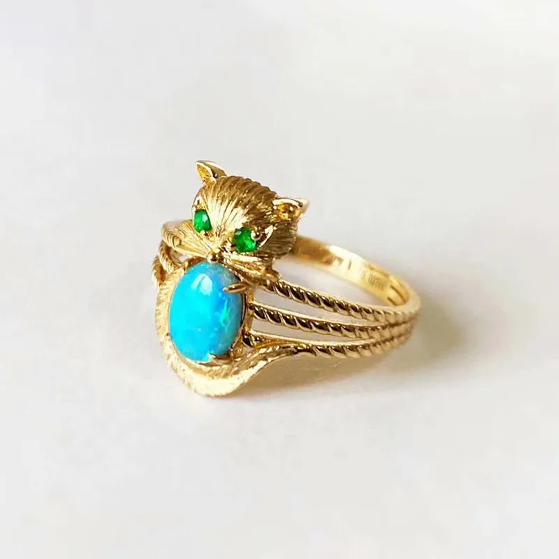 18K Gold 0.50ct Natural Opal & Emerald Owl Luxury Ring
