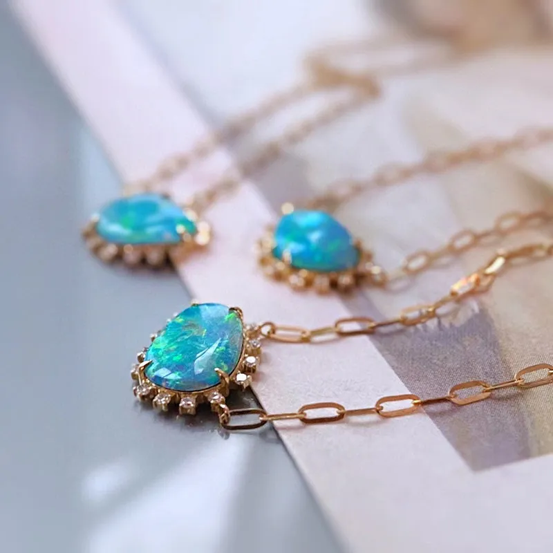 18K Gold 0.60ct Natural Opal 0.70ct Real Diamond Necklace 18"