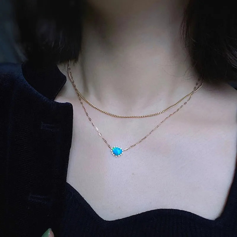 18K Gold 0.60ct Natural Opal 0.70ct Real Diamond Necklace 18"