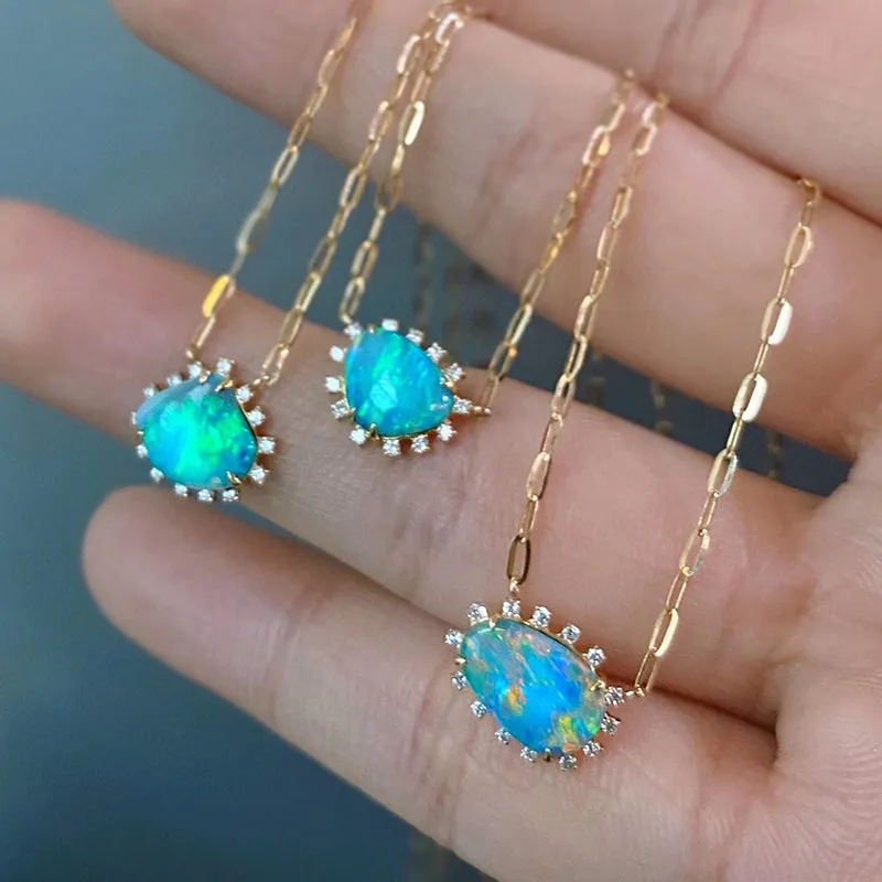18K Gold 0.60ct Natural Opal 0.70ct Real Diamond Necklace 18"