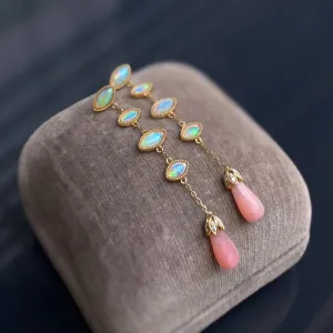 18K Gold 2.0ct Natural Opal Diamond Drop Earrings