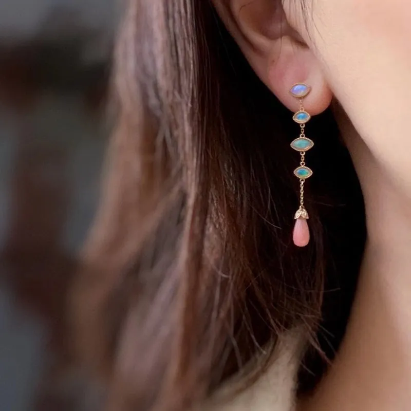 18K Gold 2.0ct Natural Opal Diamond Drop Earrings