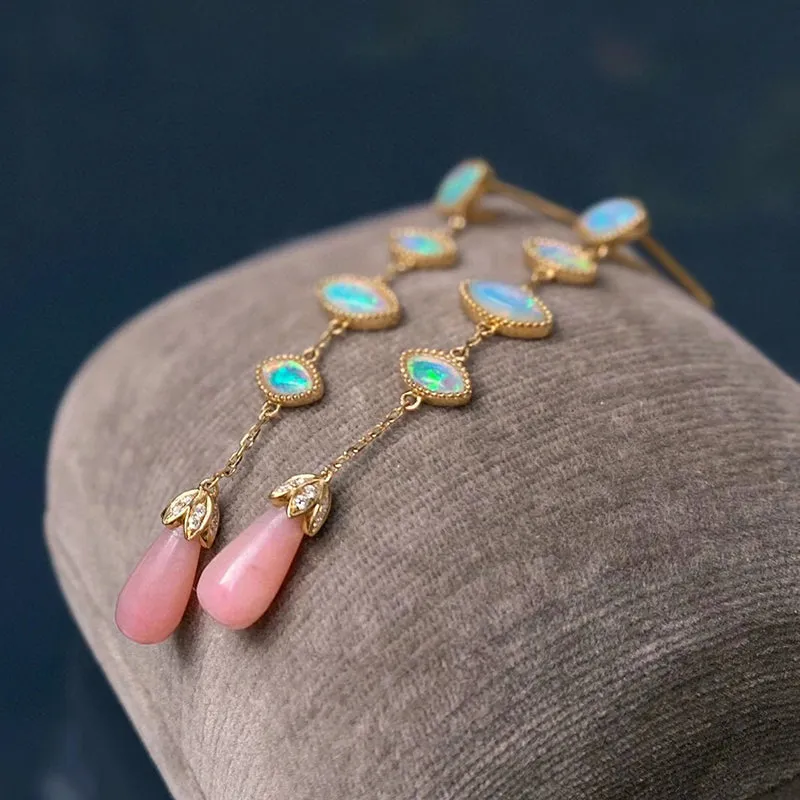 18K Gold 2.0ct Natural Opal Diamond Drop Earrings