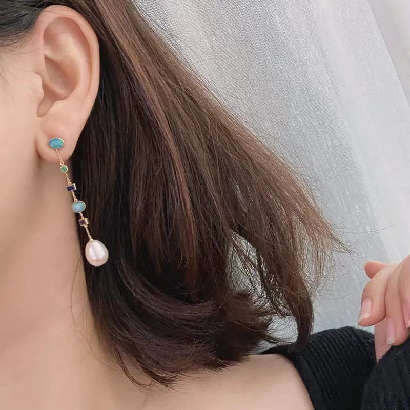 18K Gold 2.0ct Natural Opal Freshwater Pearl Emerald Sapphire Drop Earrings
