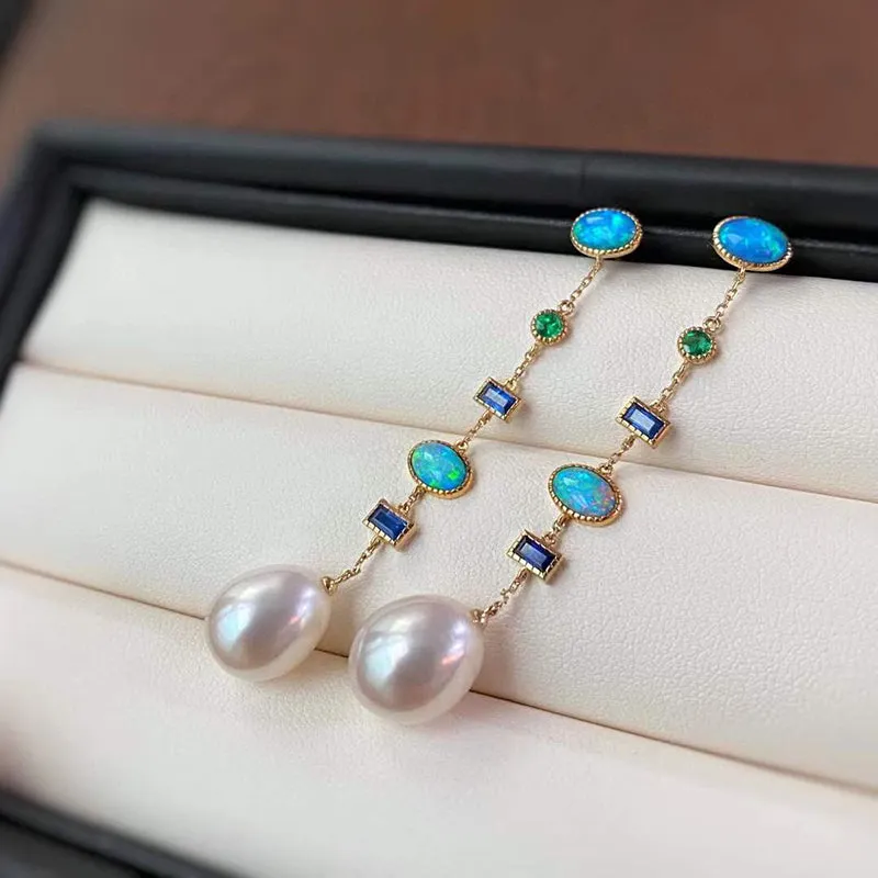 18K Gold 2.0ct Natural Opal Freshwater Pearl Emerald Sapphire Drop Earrings