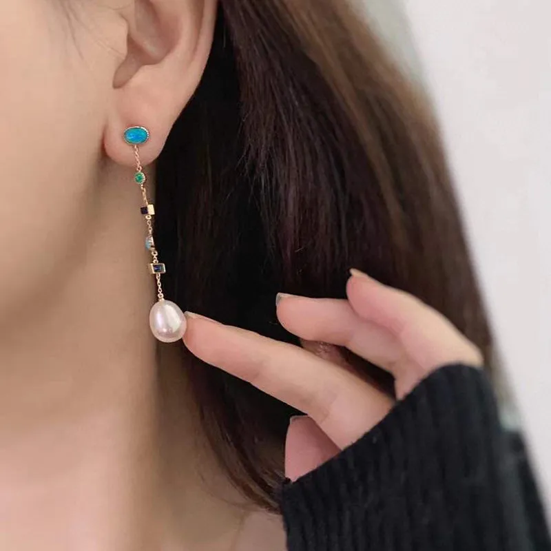18K Gold 2.0ct Natural Opal Freshwater Pearl Emerald Sapphire Drop Earrings