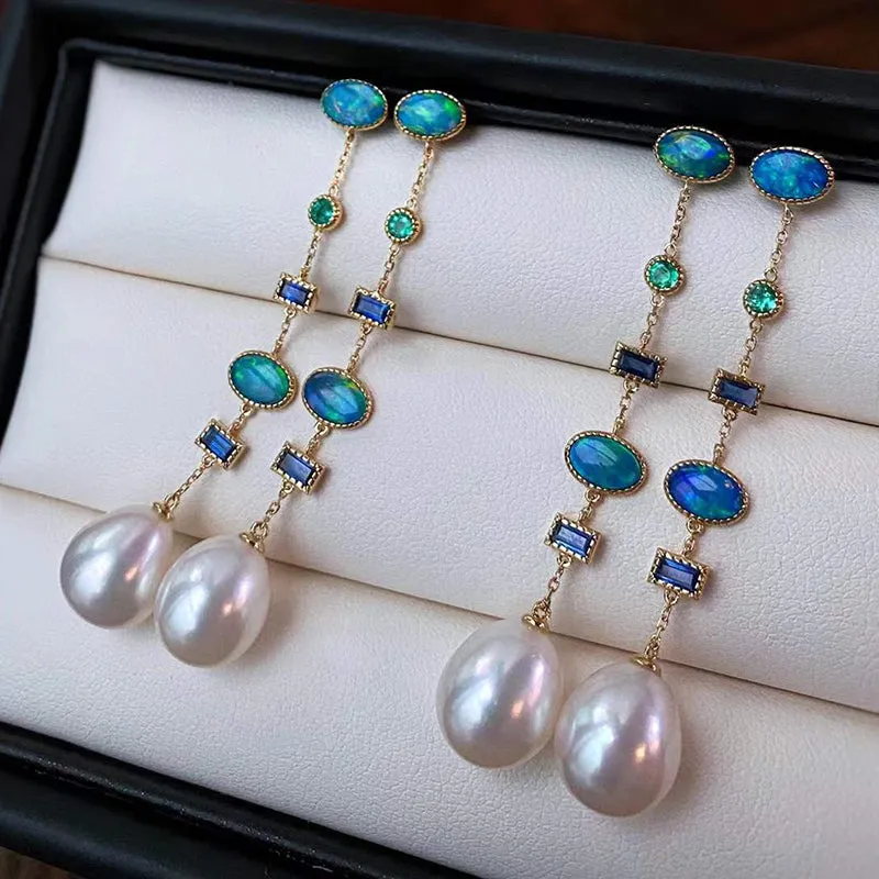 18K Gold 2.0ct Natural Opal Freshwater Pearl Emerald Sapphire Drop Earrings