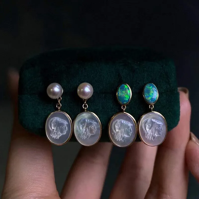 18K Gold Akoya Pearl/Natural Opal Mother of Pearl Stud Earrings