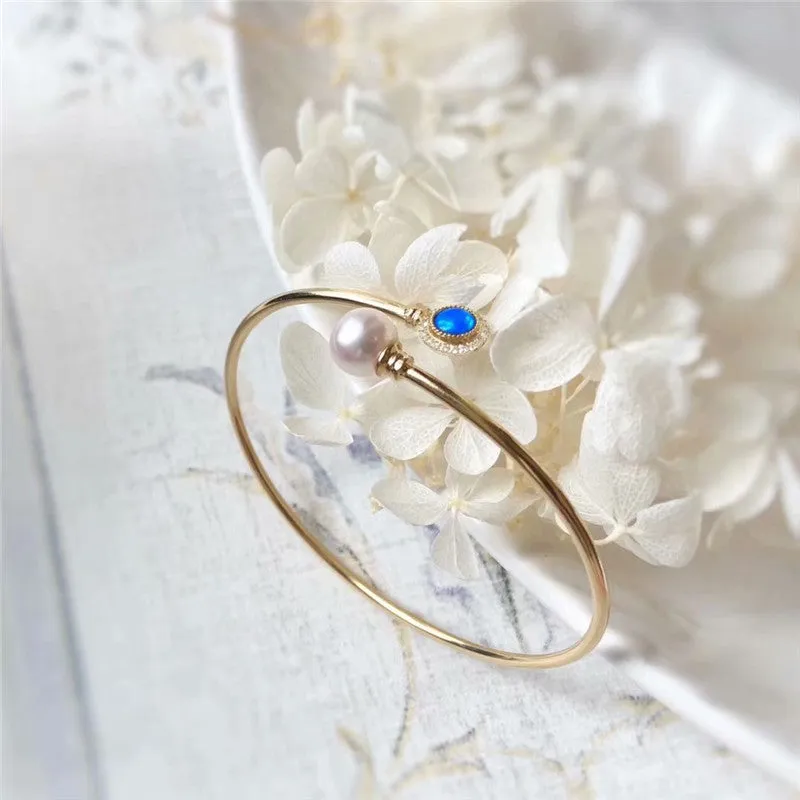 18K Gold Diamond AKOYA Pearl Round Cut Natural Opal 1.8mm Open Hollow Bracelet