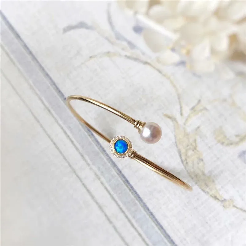 18K Gold Diamond AKOYA Pearl Round Cut Natural Opal 1.8mm Open Hollow Bracelet
