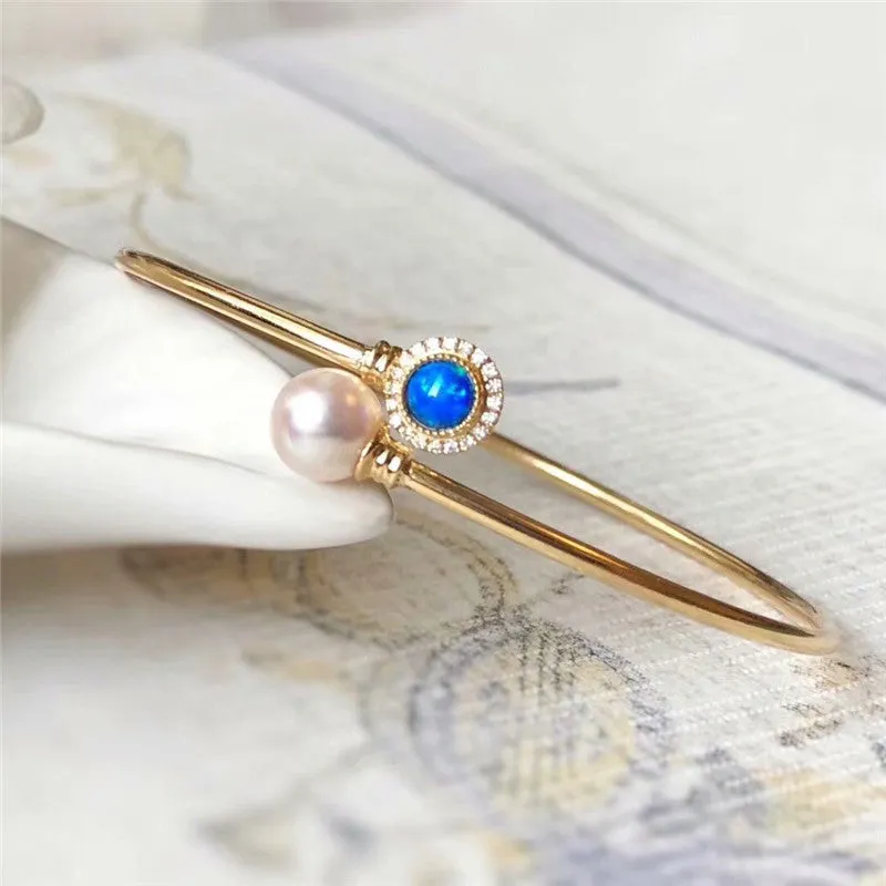 18K Gold Diamond AKOYA Pearl Round Cut Natural Opal 1.8mm Open Hollow Bracelet