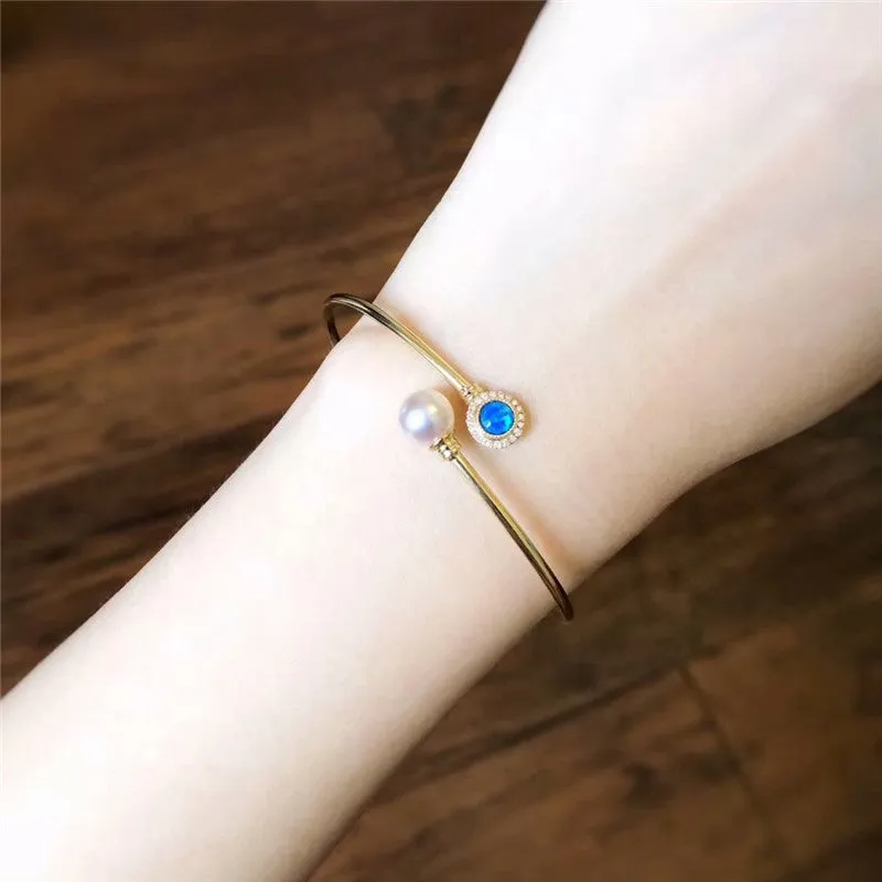 18K Gold Diamond AKOYA Pearl Round Cut Natural Opal 1.8mm Open Hollow Bracelet