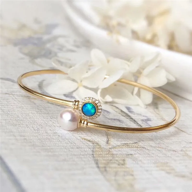 18K Gold Diamond AKOYA Pearl Round Cut Natural Opal 1.8mm Open Hollow Bracelet