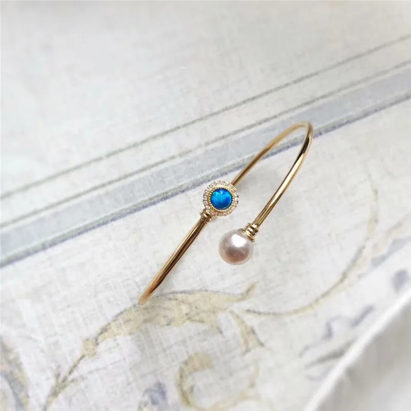 18K Gold Diamond AKOYA Pearl Round Cut Natural Opal 1.8mm Open Hollow Bracelet