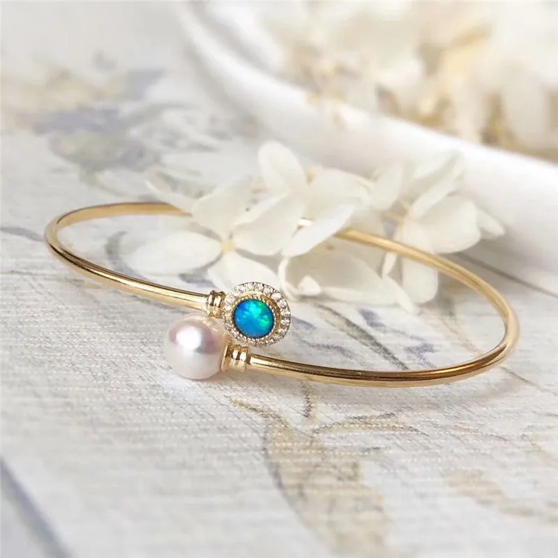 18K Gold Diamond AKOYA Pearl Round Cut Natural Opal 1.8mm Open Hollow Bracelet
